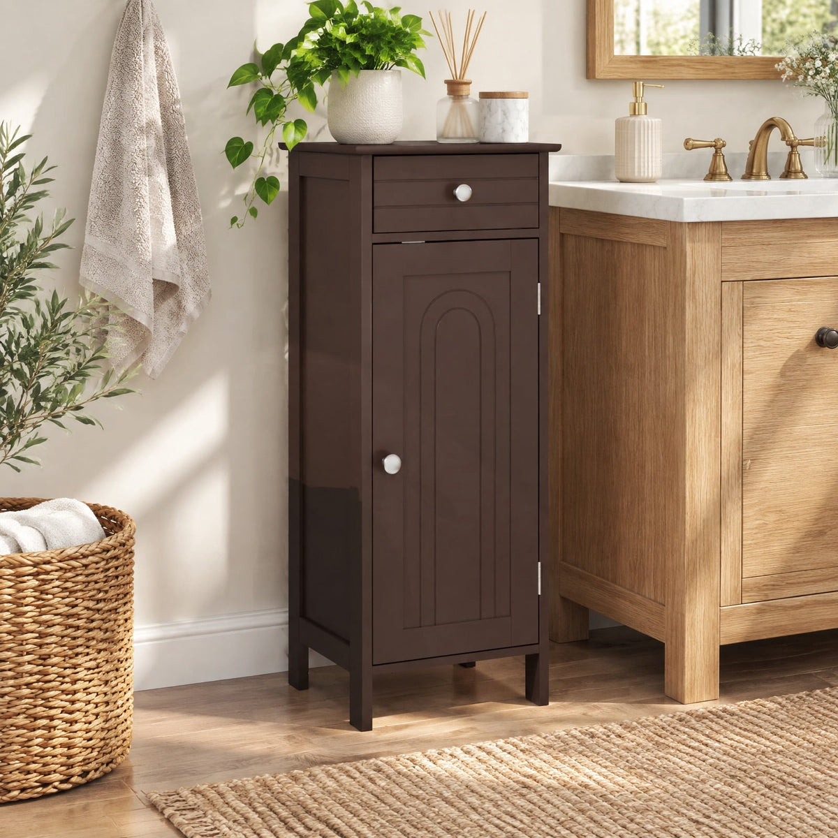 Airfind Wooden Storage Free-Standing Floor Cabinet with Drawer and Shelf, 132 lbs Capacity, MDF Frame, 14in x 12in x 34.5in Footprint, Brown