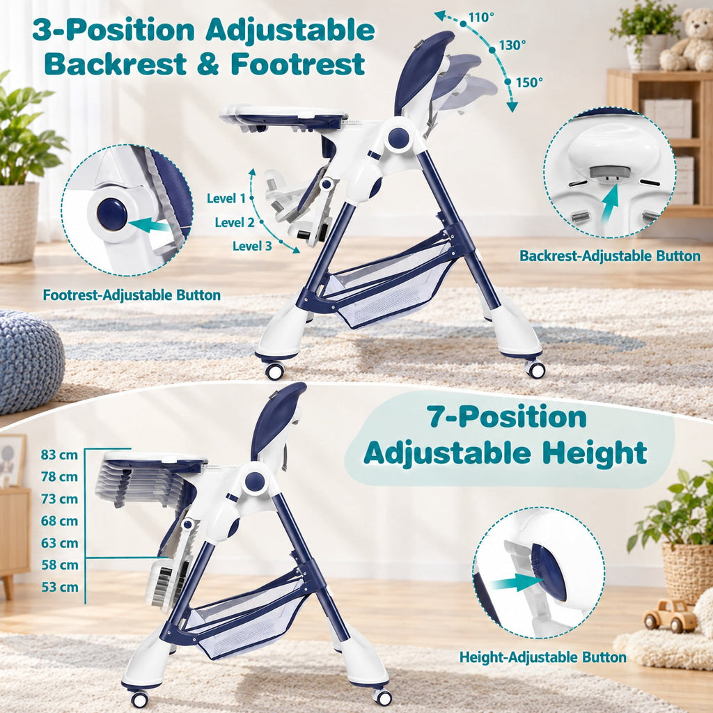 Airfind A-Shaped High Chair with 4 Lockable Wheels, 50 lbs Capacity, Iron Frame, for 0-36 months, 22 x 26 x 32 Footprint, Navy