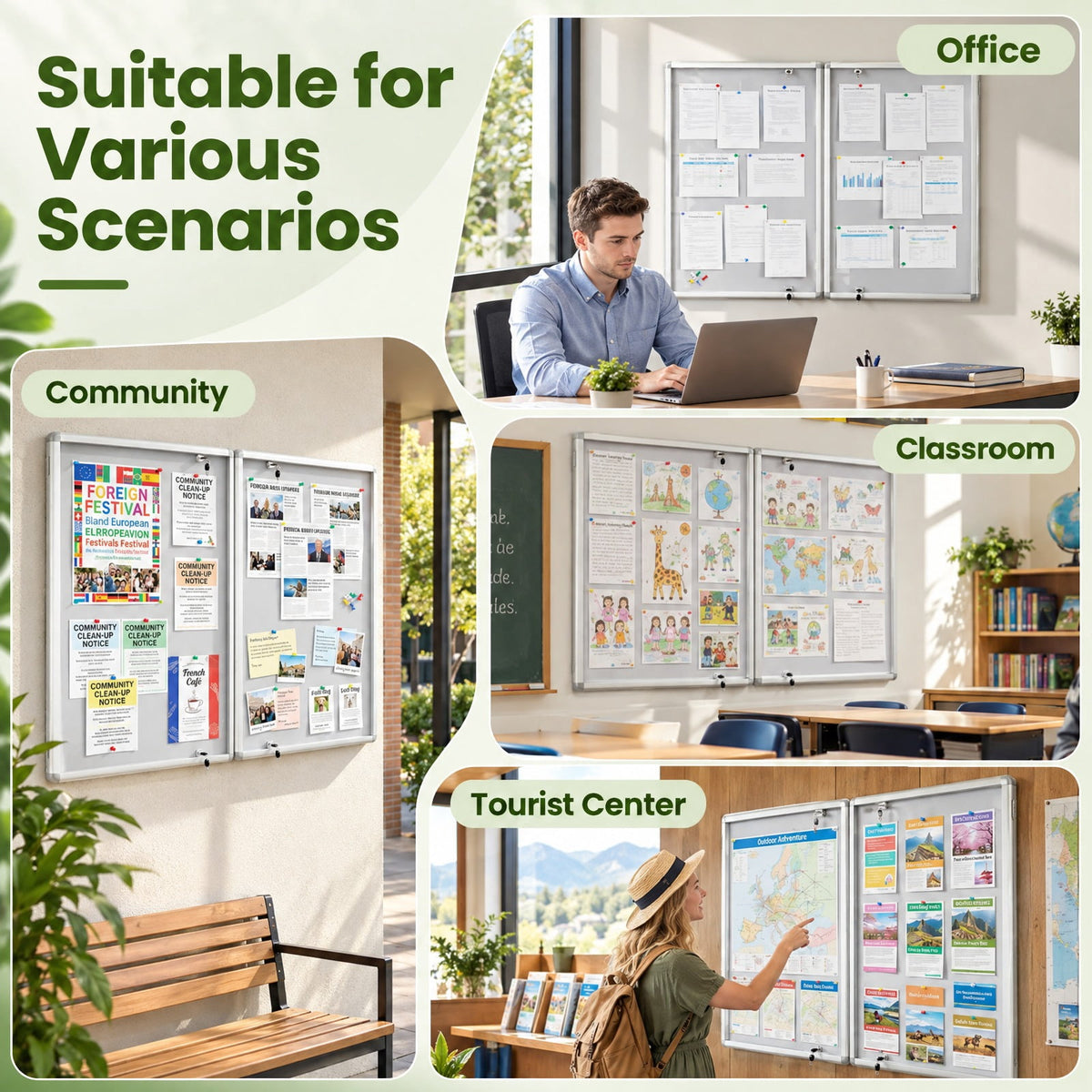 Airfind Enclosed Bulletin Board Lockable Cork Notice Board with Aluminum Frame, Felt Aluminum PET Frame, 47.5 x 35.5 Footprint, Sliver