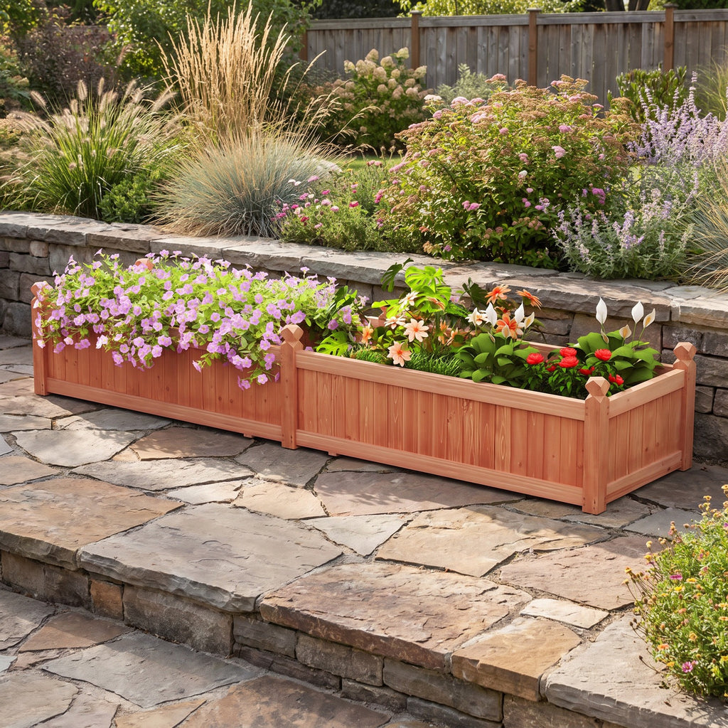 Airfind 91 x 24 x 16 Inch Divisible Planter Box with Corner Drainage and Non-woven Liner for Growing Vegetables, Fir Wood Frame, Brown