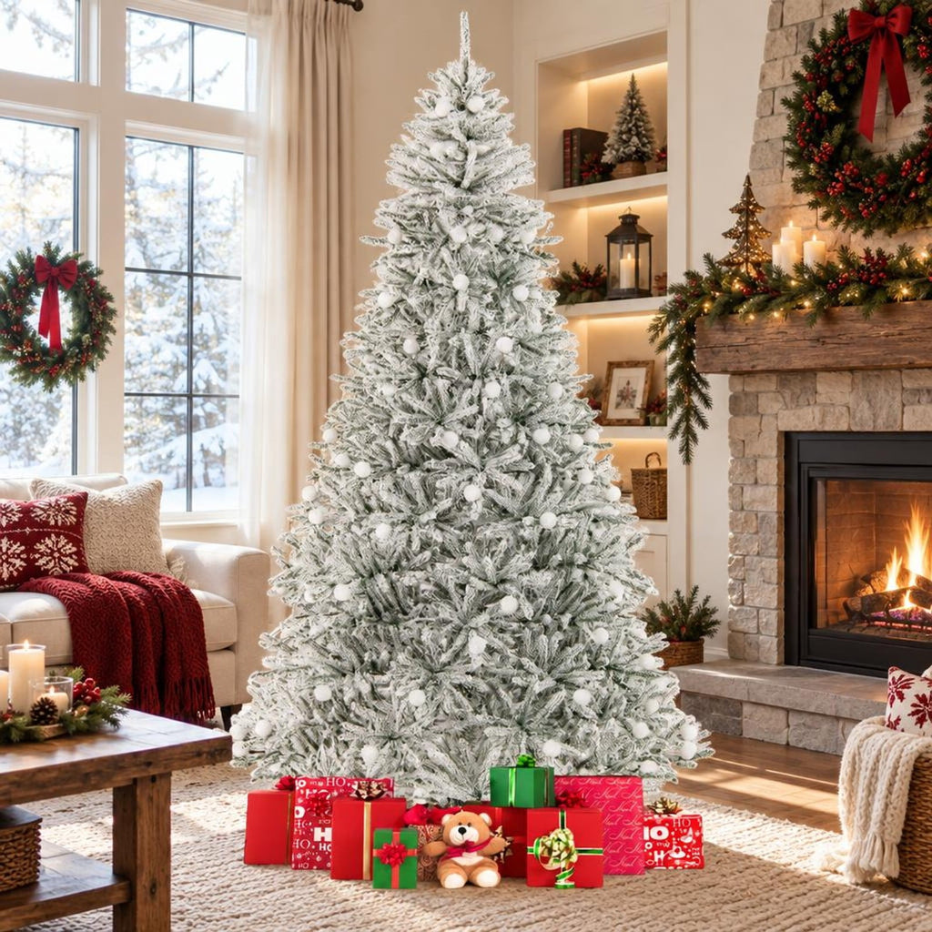 Airfind 8 Feet Snow-flocked Artificial Christmas Tree Pre-lit Hinged with 81 Sphere Lights and Remote, Green White