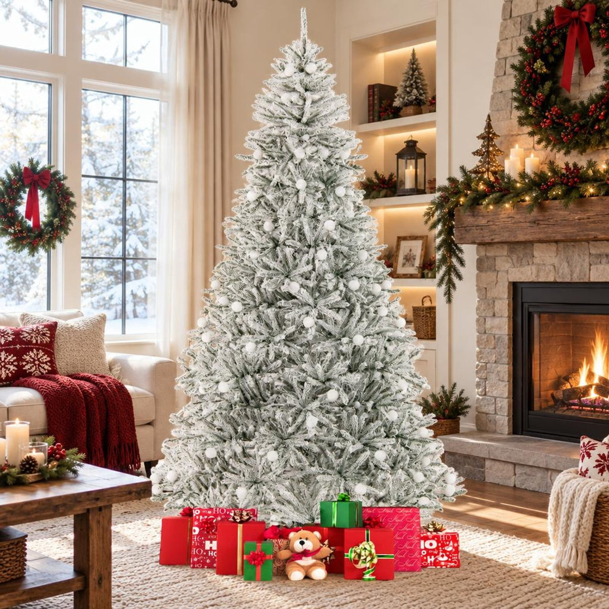 Airfind 8 Feet Snow-flocked Artificial Christmas Tree Pre-lit Hinged with 81 Sphere Lights and Remote, Green White