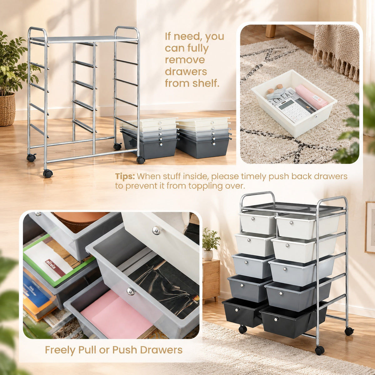 Airfind 10-Drawer Rolling Storage Cart-Beige and Gray, 22 lbs Capacity, Metal PP Frame, 26in x 14.5in x 34in Footprint, Beige