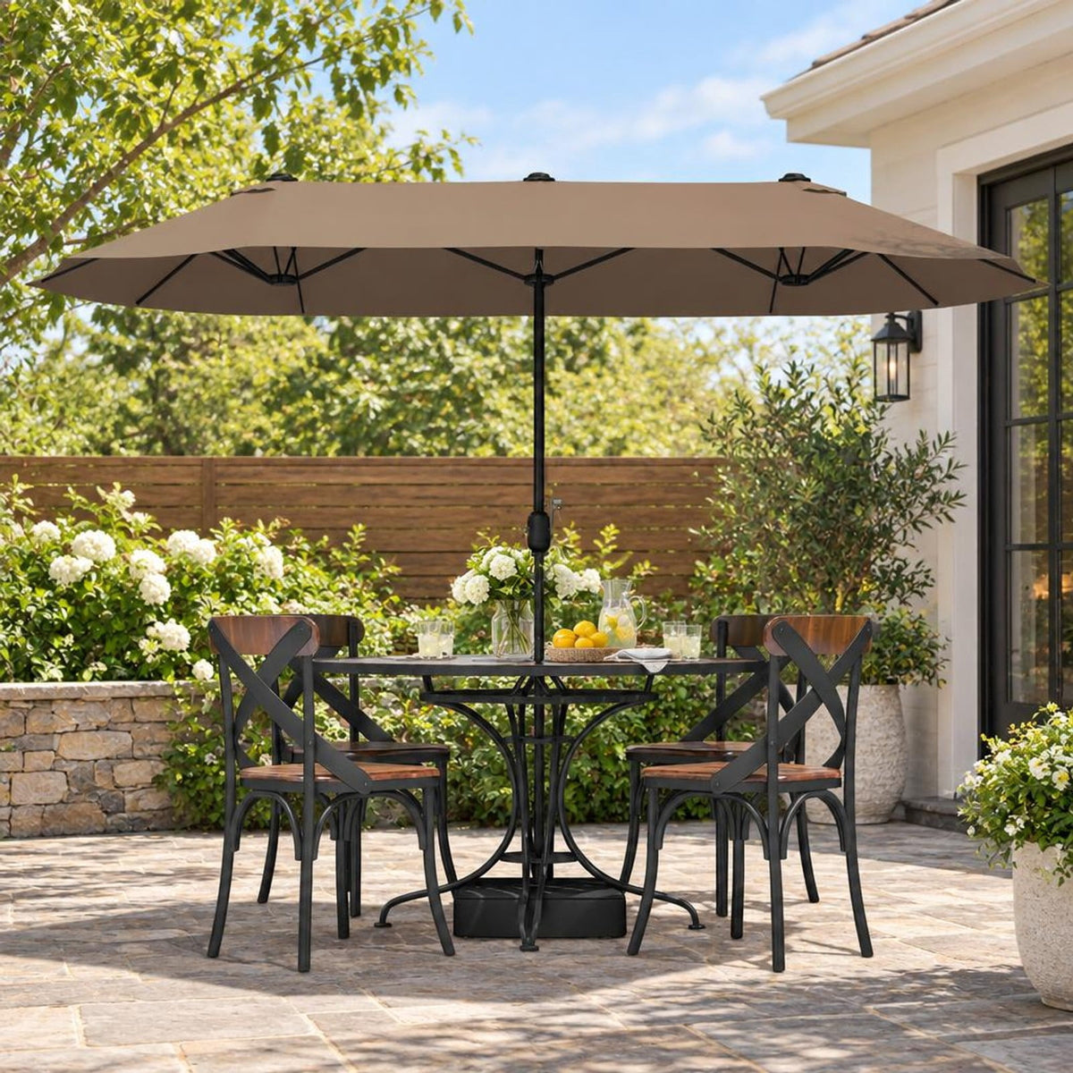 Airfind 13FT Double-sided Patio Twin Table Umbrella with Crank Handle, Metal 180g Yarn Dyed Fabric PA Coating Frame, Tan