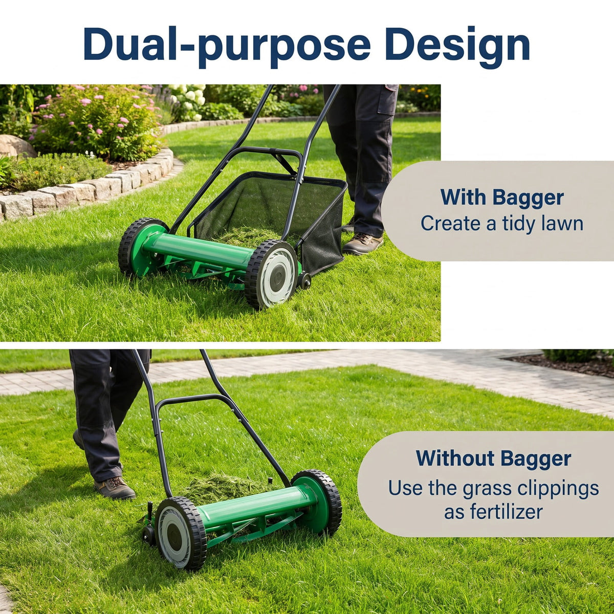 Airfind 16 Inch Push Lawn Mower with 5 Steel Blades and Grass Catcher Bag, Manganese Steel Metal PVC PP Frame, Green