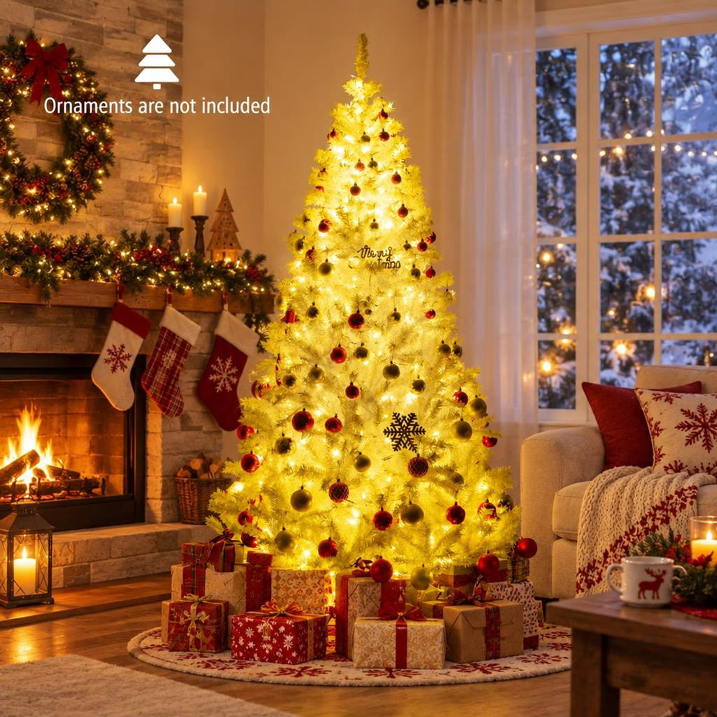 Airfind Pre Lit Artificial Christmas Tree, 7 Ft Hinged Holiday Tree featuring 11 Lighting Modes and Metal Stand for Seasonal Display, White