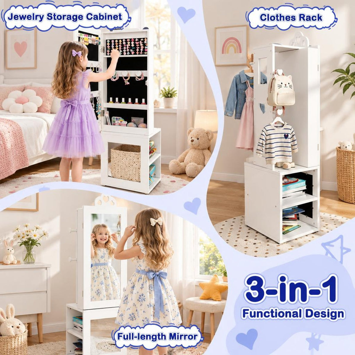 Airfind 3-in-1 Freestanding Kids Jewelry Cabinet Armoire with Full Length Mirror, MDF Frame, 13.5 x 12 x 46 Footprint, White