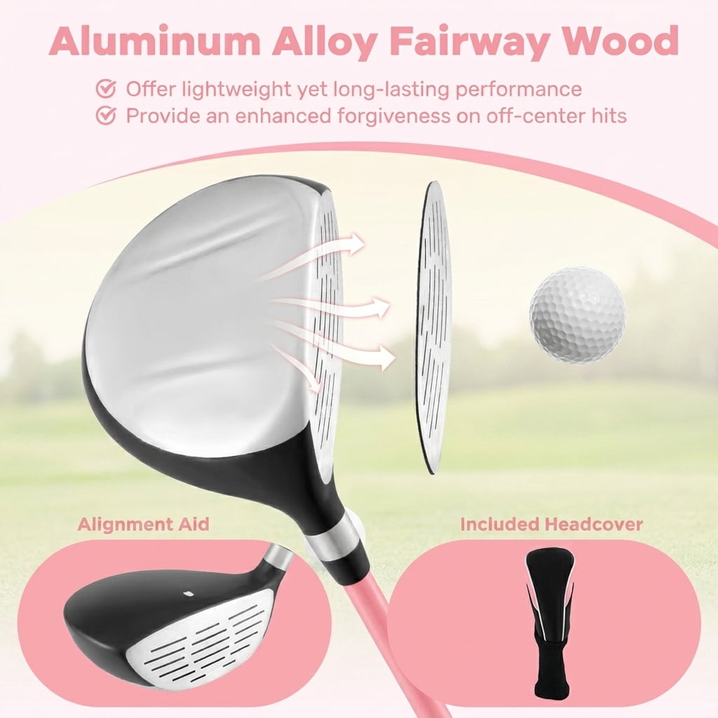 Airfind Junior Complete Golf Club Set for Ages 11-13 with 5 Pieces Including a 460cc Fairway Wood and Irons Plus Putter and Stand Bag as a Full Golf Club Set, Pink