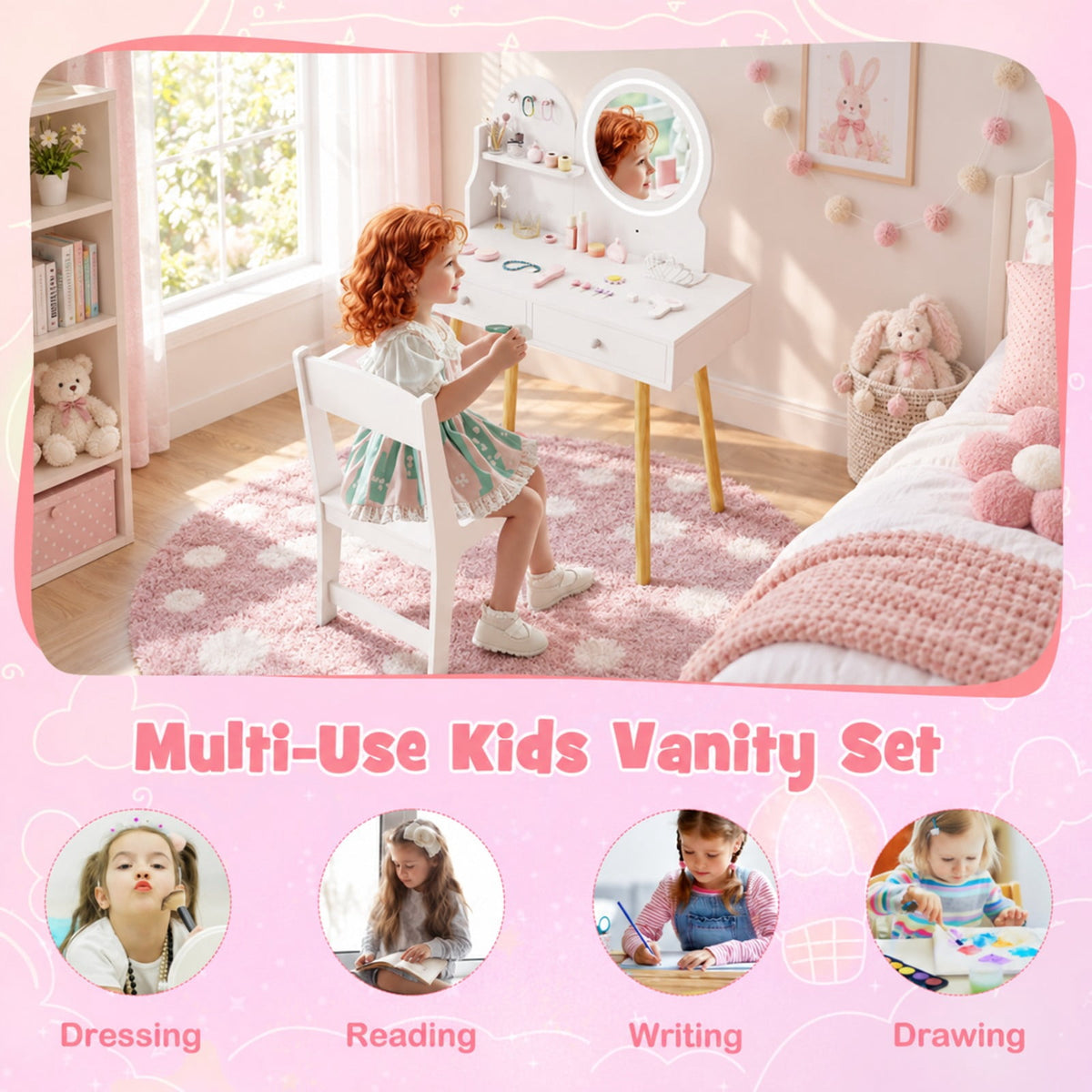 Airfind Kids Princess Makeup Dressing Desk and Chair Set with Mirror and Lights, 110 lbs Capacity, MDF Frame, for 3+ years old, White
