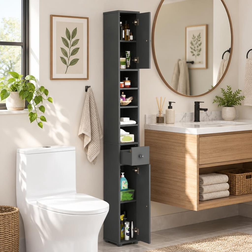 Airfind Freestanding Slim Bathroom Cabinet with Drawer and Adjustable Shelves, 110 lbs Capacity, MDF Frame, 8in x 8in x 71in Total Footprint, Gray