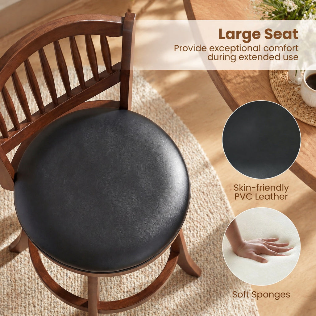 Airfind Swivel Bar Stools Set of 2 with Backrest and Wood Frame-25 Inches, 330 lbs Capacity, Rubber Wood PVC Leather Sponge Frame, Wood