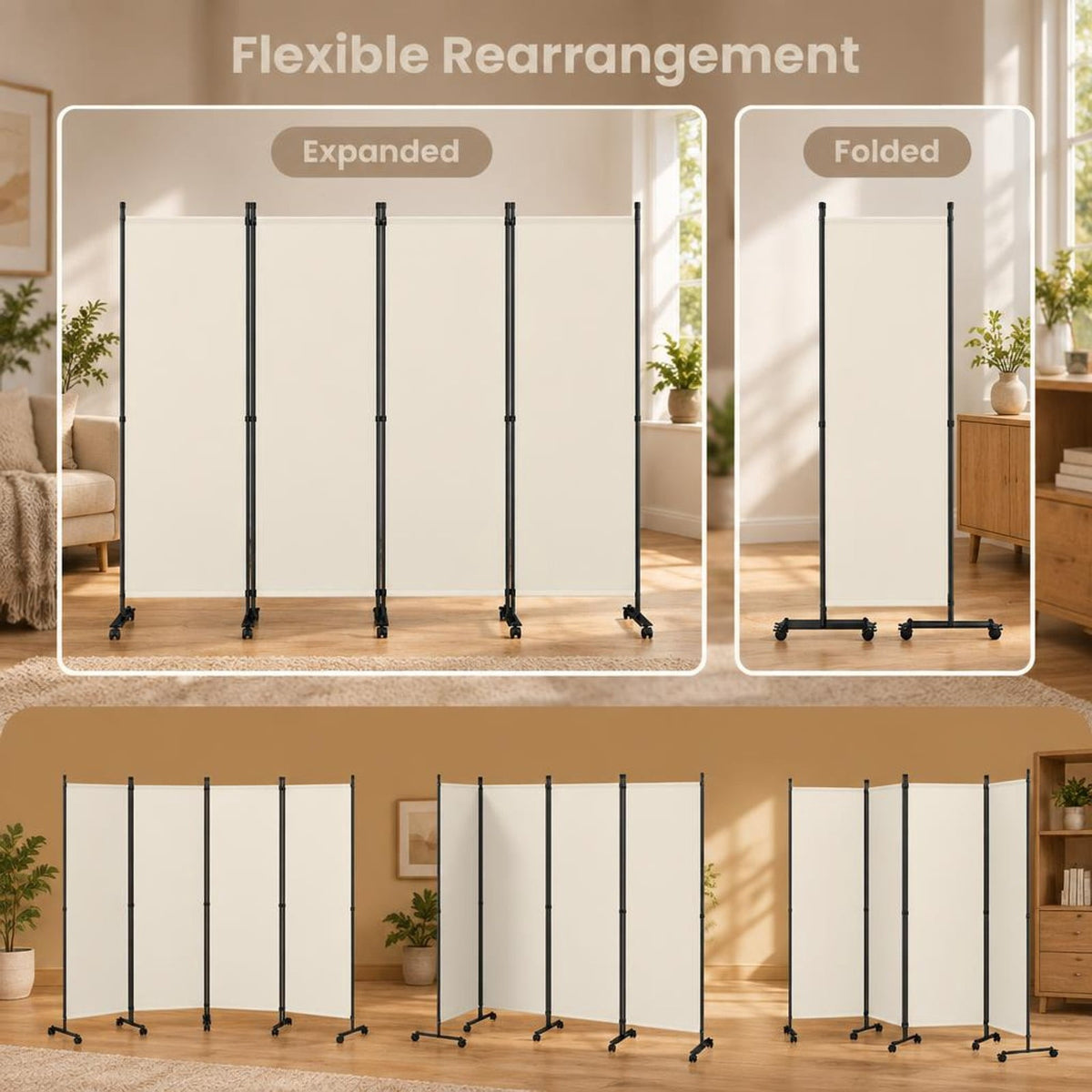 Airfind 4-Panel Room Divider with Lockable Wheels for Living Room, Polyester Fabric Metal Frame, 87in x 14in x 68in Footprint, Beige