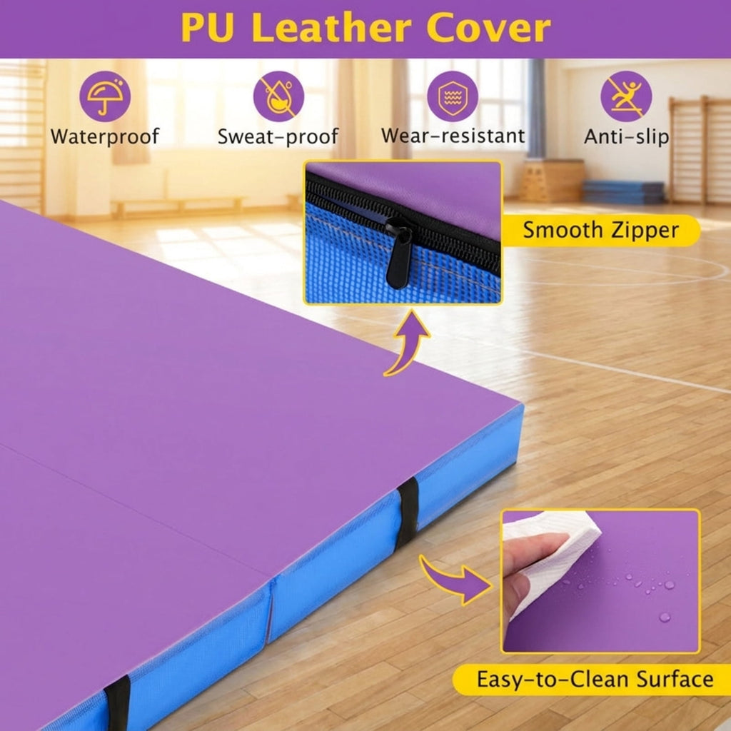 Airfind 4 x 4 FT Bi-Folding Gymnastic Tumbling Mat with Carry Straps and Washable Cover, 4 Inch Thick Foam Exercise Mat, Purple