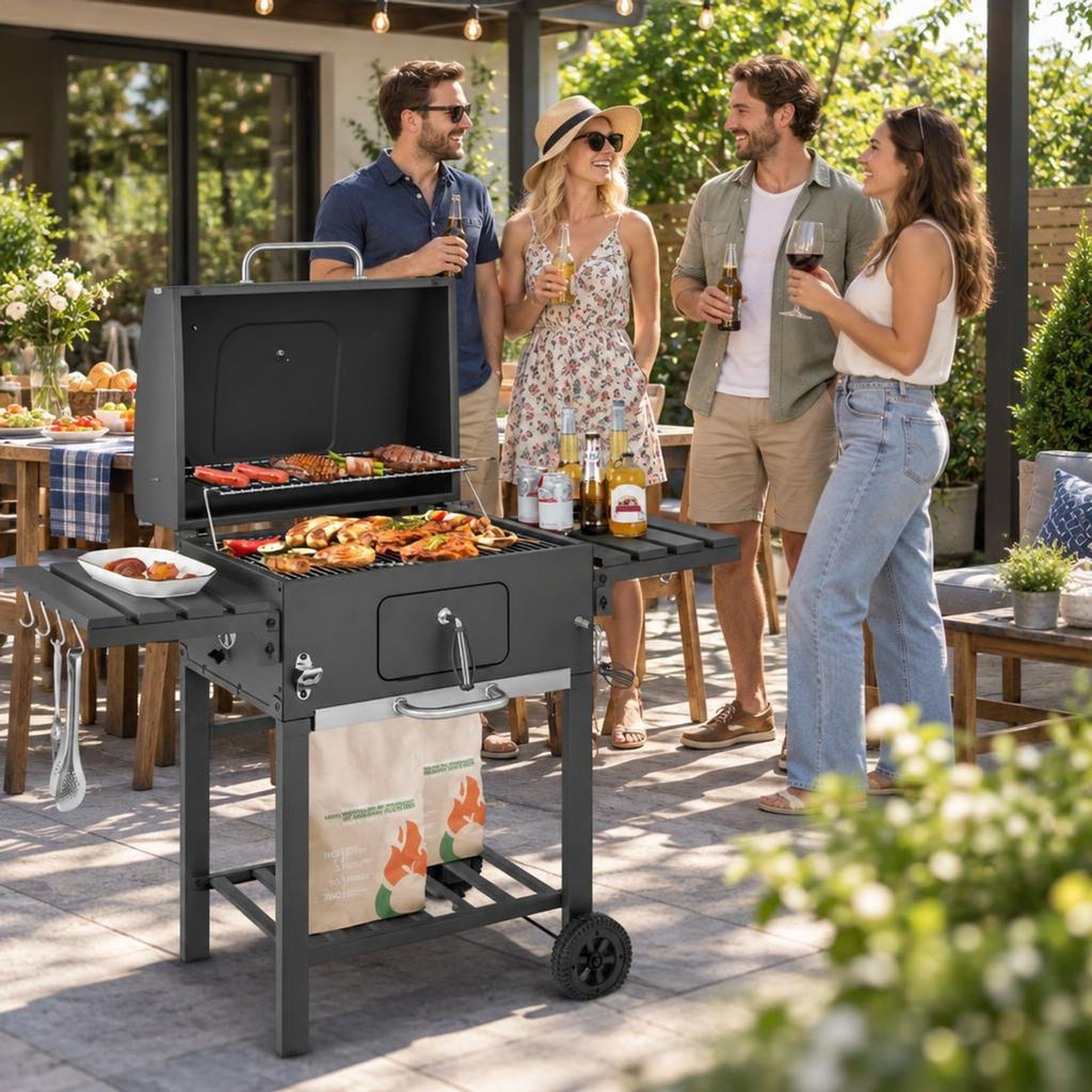 Airfind Outdoor BBQ Charcoal Grill with 2 Foldable Side Table and Wheels, Steel PP Frame, 50.5 Inch x 21 Inch x 46 Inch Footprint, Black