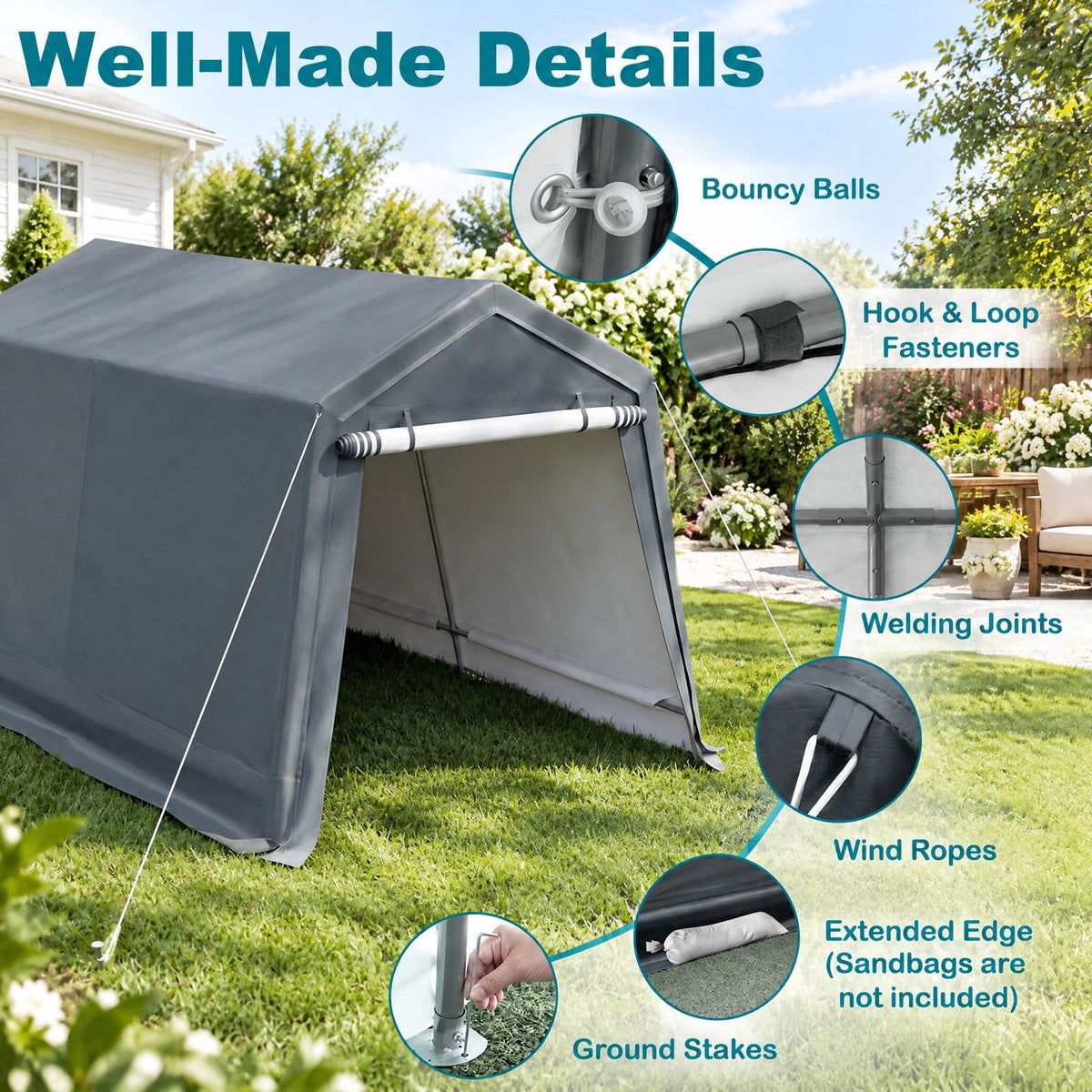 Airfind 8.3 x 14 Feet Outdoor Storage Shed with Roll-Up Zipper Door, Metal Fabric Frame, 8.3 x 14 x 7.5 ft Footprint, Gray