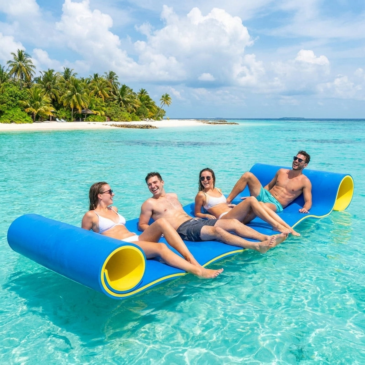Airfind Inflatable Floating Island for Adults with Mesh Seats and Backrests plus Cup Holders and Boarding Platform in Heavy-Duty Material for Lake and Pool Parties, Blue