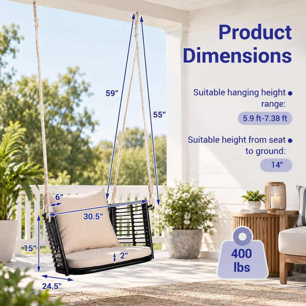 Airfind Single Person Hanging Seat with Woven Rattan Backrest for Backyard, 400 lbs Capacity, 30.5 x 24.5 x 15 Suitable Hanging Footprint