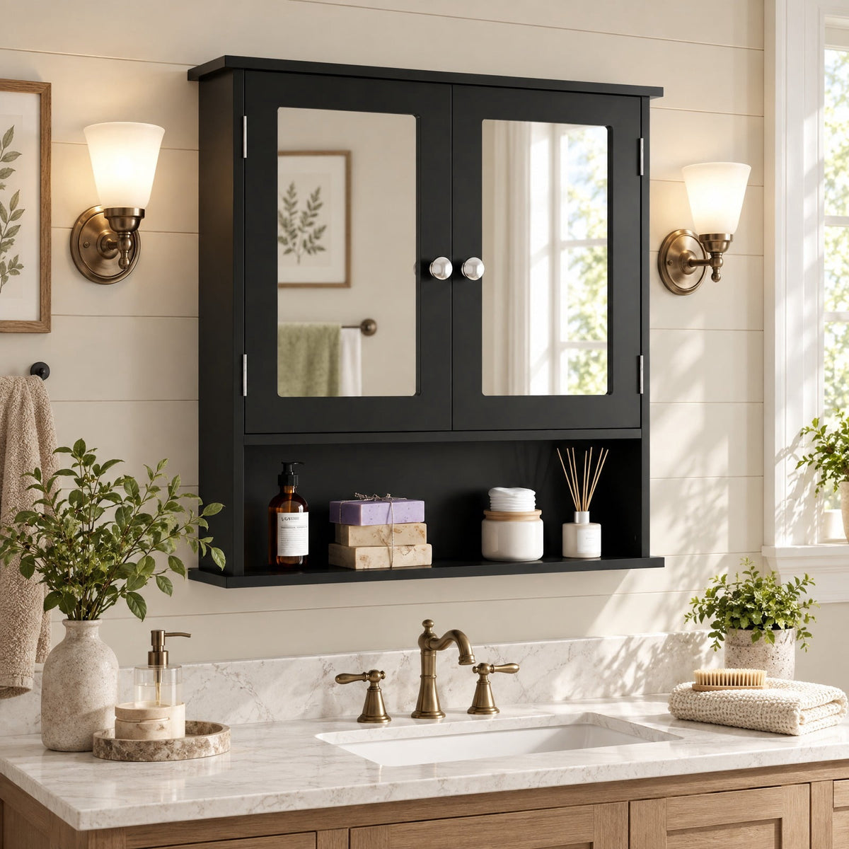Airfind Double Door Wall-Mounted Bathroom Mirror Cabinet with Storage Shelf, 44 lbs Capacity, Engineered Wood Frame, 20in x 3.5in x 16in Footprint