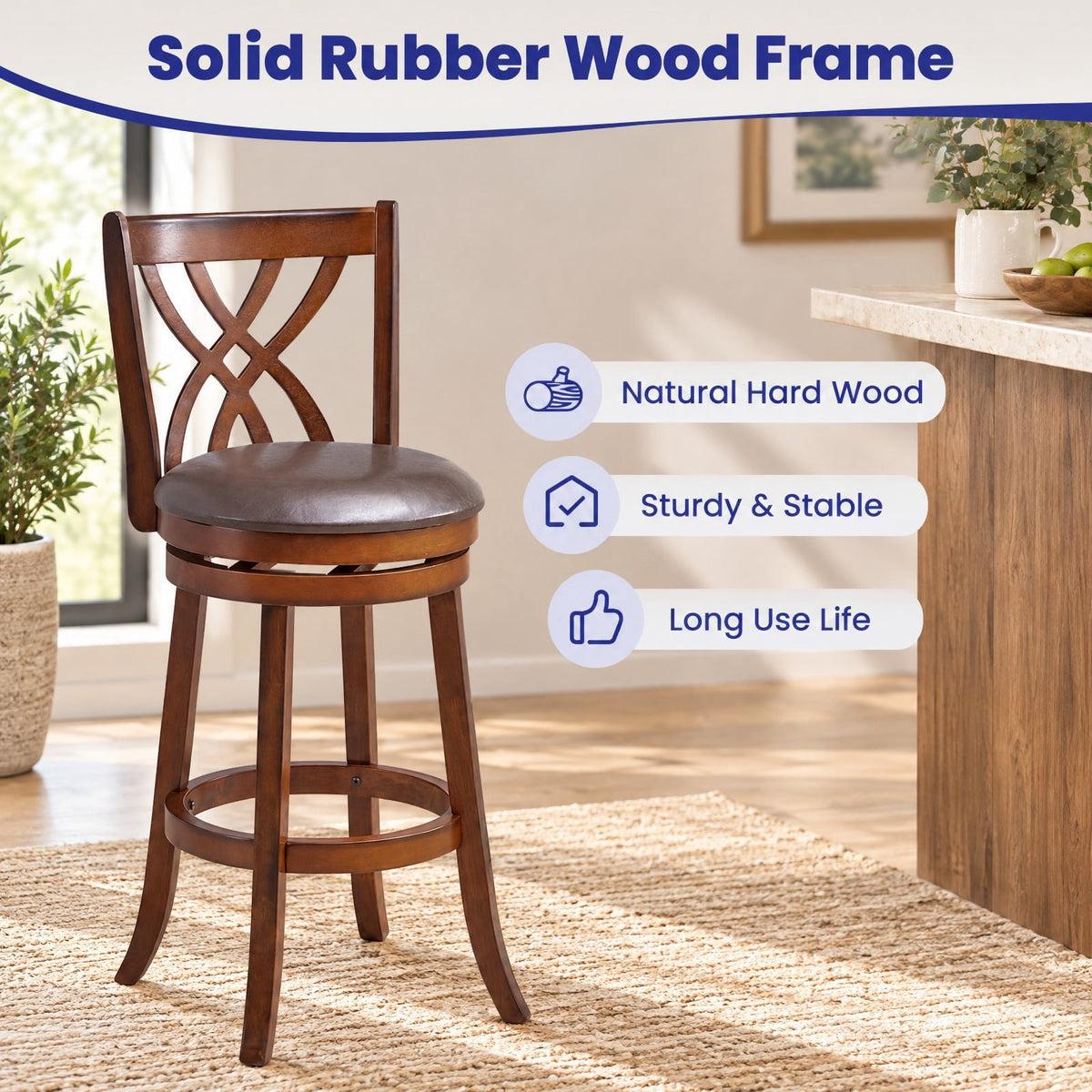 Airfind 360° Swivel Counter Height Chairs with PU Leather Cushioned Seat and Footrests-30 inches, 250 lbs Capacity, Brown