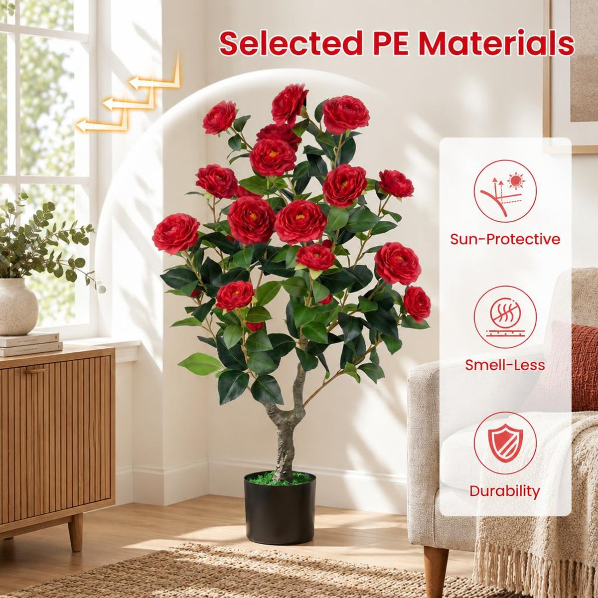 Airfind Artificial Camellia Tree, 2-Pack, Faux Flower Plant in Cement-Filled Pot, offers excellent stability and balance, Red