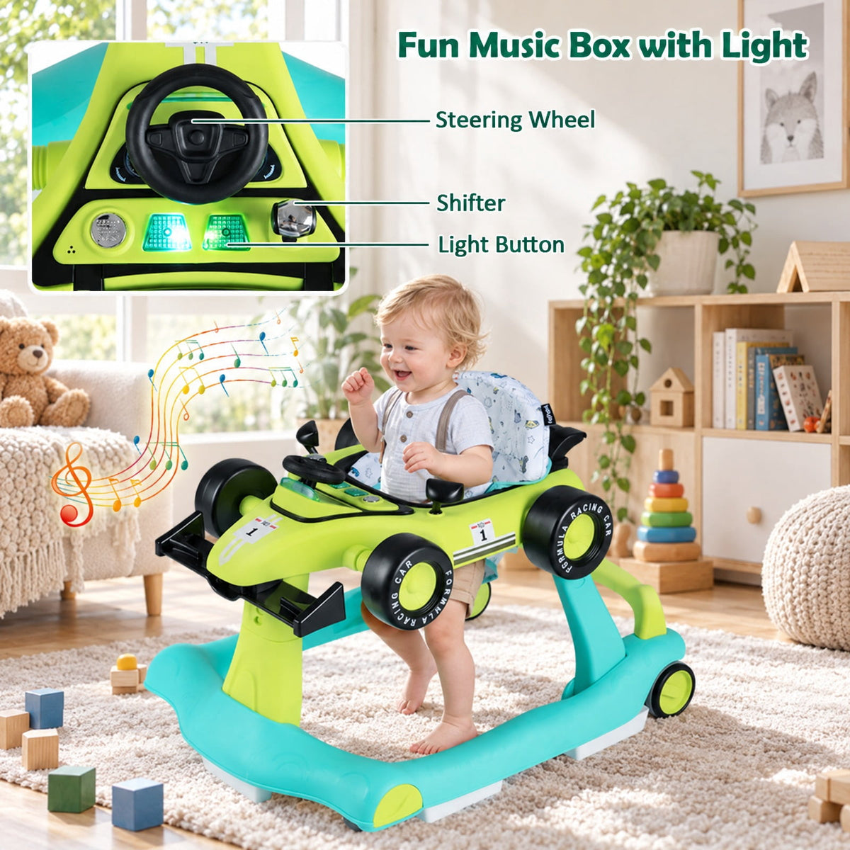 AIRFIND Baby Walker with 4 Activity Modes, 3 Adjustable Heights, Music and Lights, Rear Wheel Speed Control and Folding Frame, Green