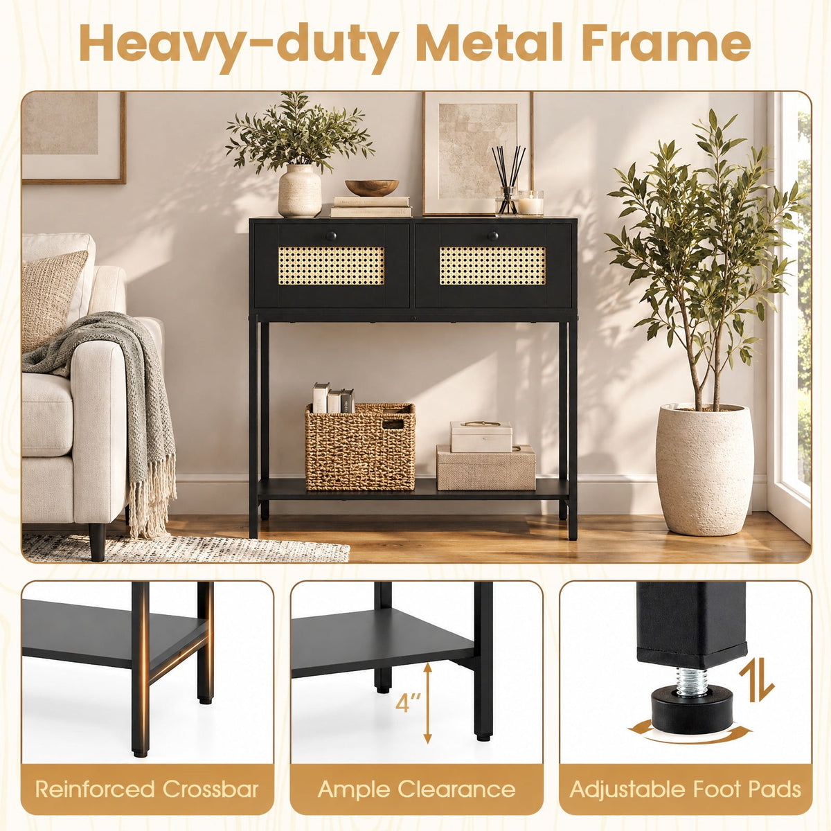 Airfind Rattan Console Table Boho Entryway Table with 2 Rattan Drawers and Open Storage Shelf, 88 lbs Capacity, Black