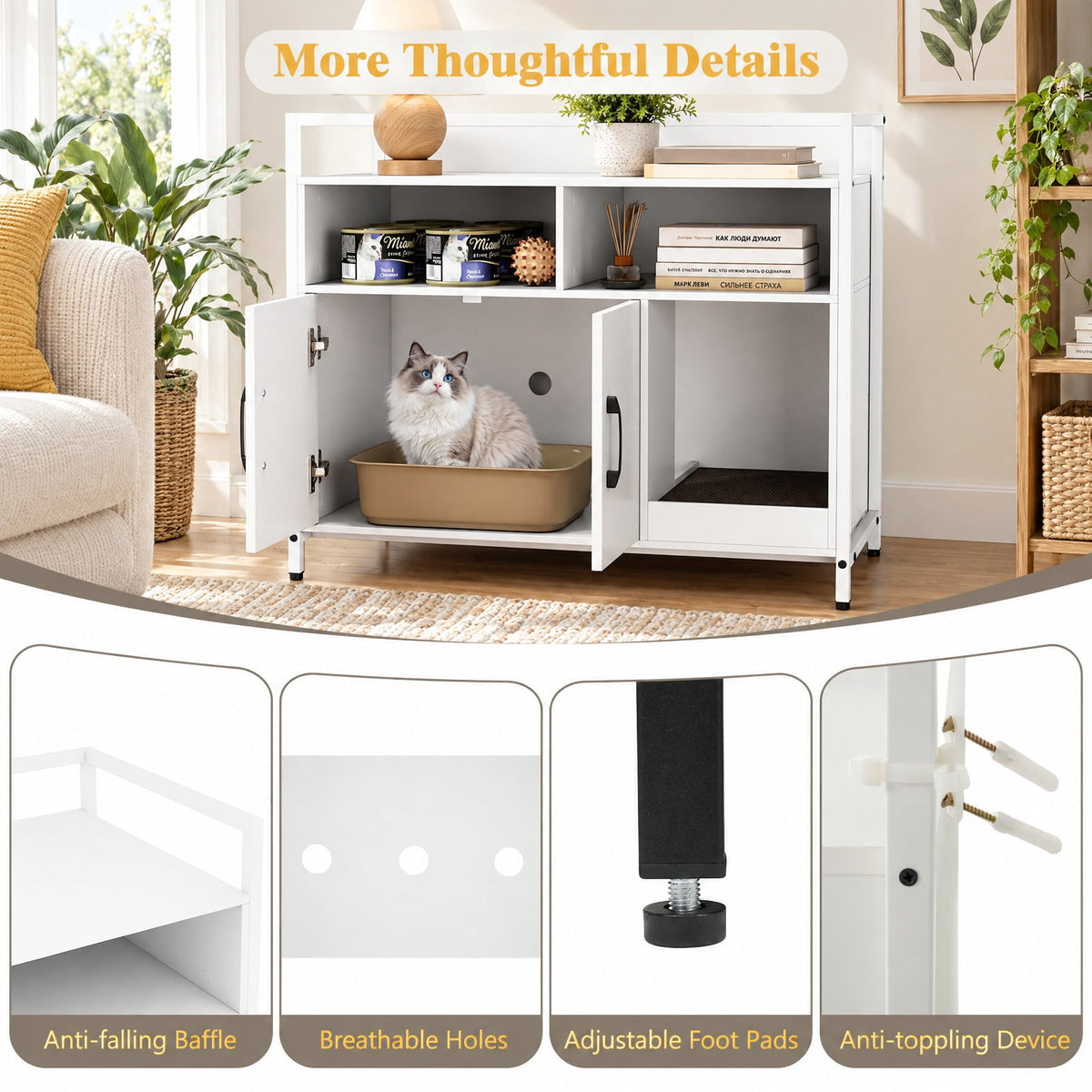 Airfind Hidden Cat Washroom with Double Doors and Scratch Cardboard, MDF Metal Frame, 35 x 17.5 x 29.5 Compartment Footprint, White