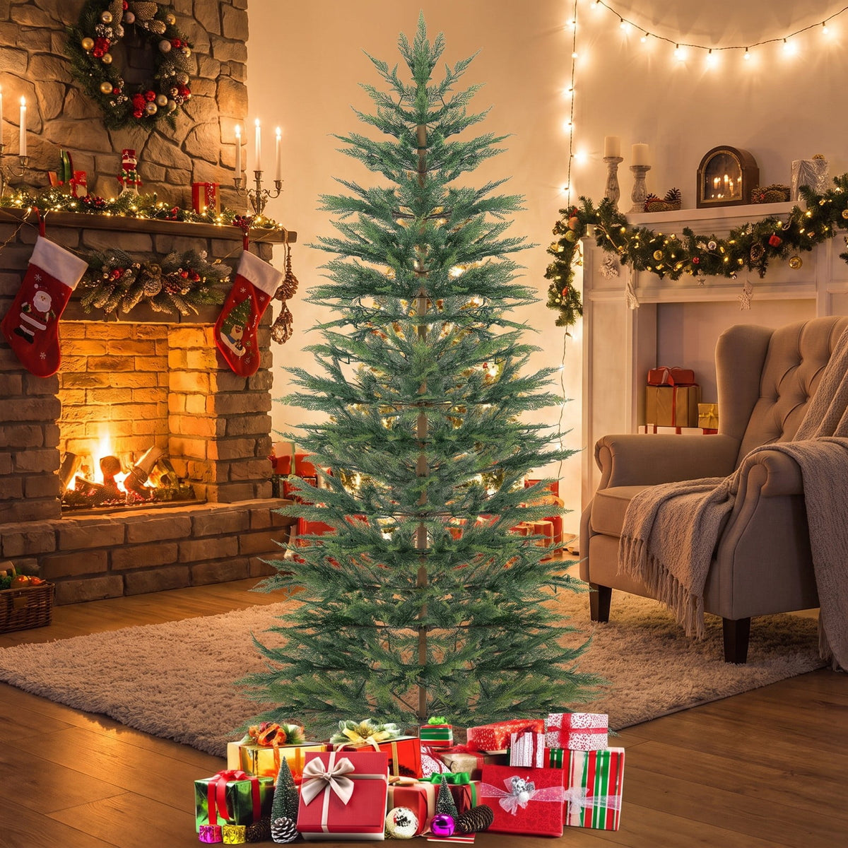 Airfind 6.5/7.5 Feet Artificial Cypress Christmas Tree Pre-lit Hinged-7.5 ft, PE Metal Tree Height 6.5 ft/7.5 ft Tree Width 4 ft Frame, Green