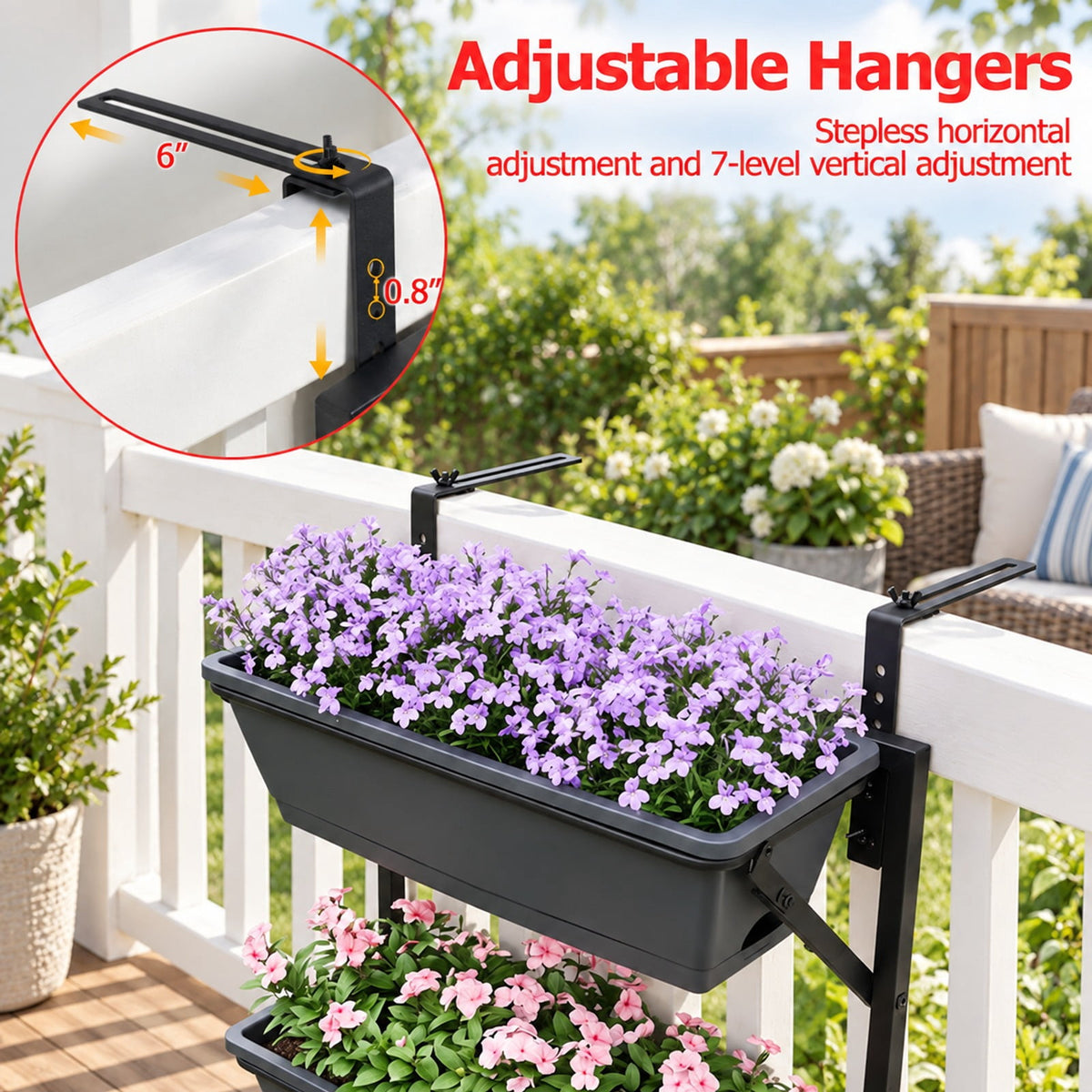 Airfind Deck Railing Planter Boxes with Adjustable Brackets and 3-Tier Design for Porch Patio, Black, Side holes make it easy to add and drain water
