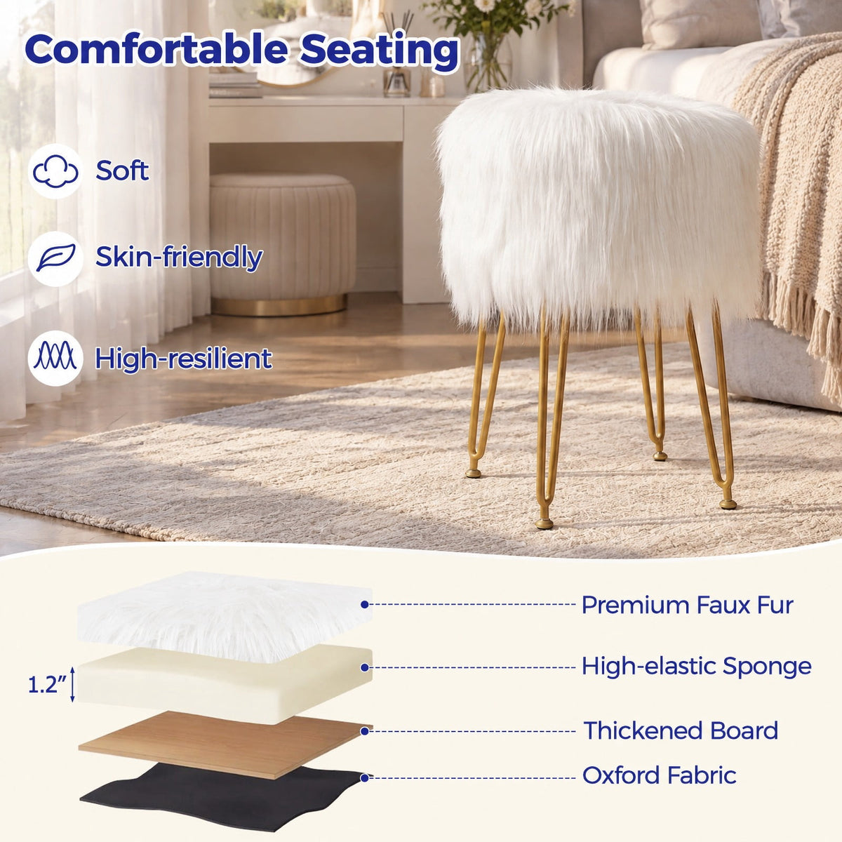 Airfind Faux Fur Vanity Stool Chair with Metal Legs for Bedroom and Living Room, 330 lbs Capacity, Faux Fur Sponge Metal MDF Plywood Frame, White