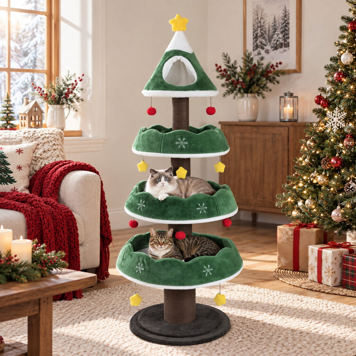 Airfind Multi-level Christmas Cat Tree with 3 Platforms and Upholstered Top Perch, 33 lbs Capacity, 27.5in x 70.5in Base Footprint, Multicolor