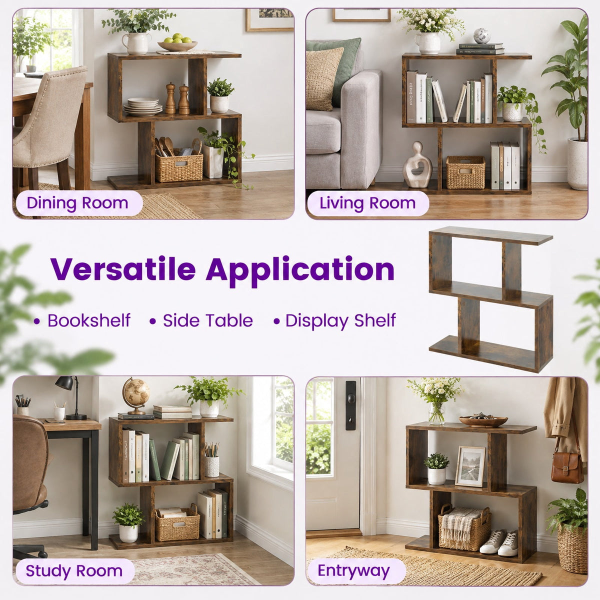 Airfind 24 Inch 3-Tier Geometric Bookshelf with Thick Foot Pads, 44 lbs Capacity, Engineered Wood PVC Frame, 19.5in x 7in x 22in Footprint, Brown