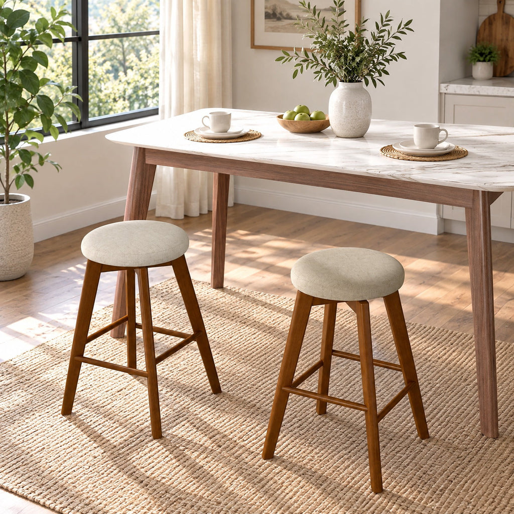 Airfind 2 Pieces 26 Inch Backless Swivel Barstools with Linen Fabric Seat, 330 lbs Capacity, Linen Fabric Sponge Rubber Wood Metal Frame, Beige