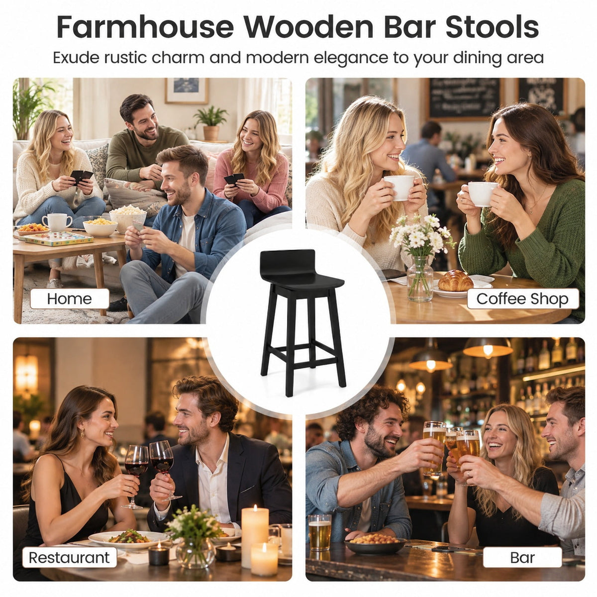 Airfind 24.5 Inch Swivel Wooden Bar Stools Set of 2 with Rubber Wood Legs and Low Back, 350 lbs Capacity, Rubber Wood Plywood Frame, Black