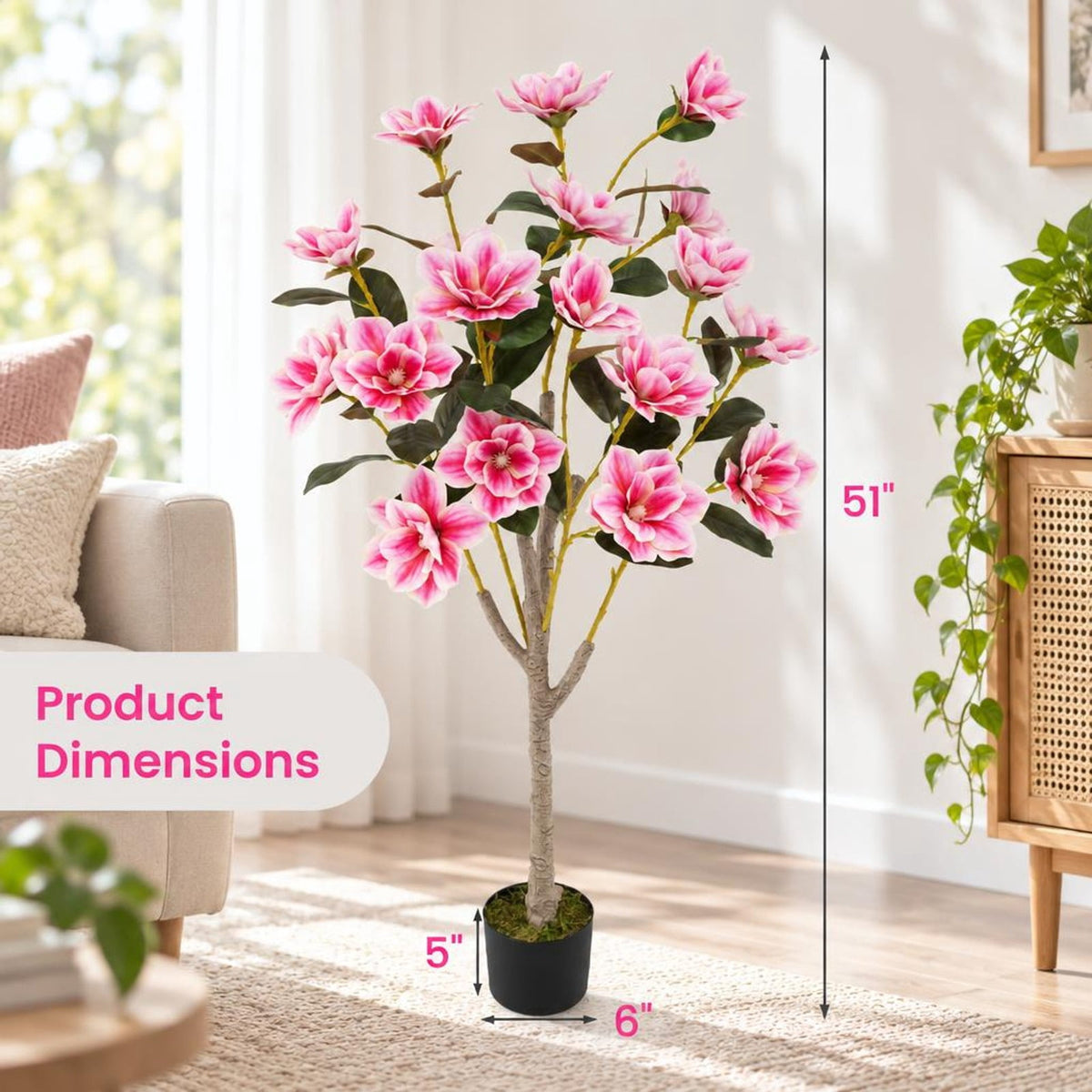 Airfind Faux Wedding Flower Plant with Elegant PEVA Leaves and Multi-branch Trunks, PEVA PE PP Cement Tree Height 51 Inch Flowerpot, Pink