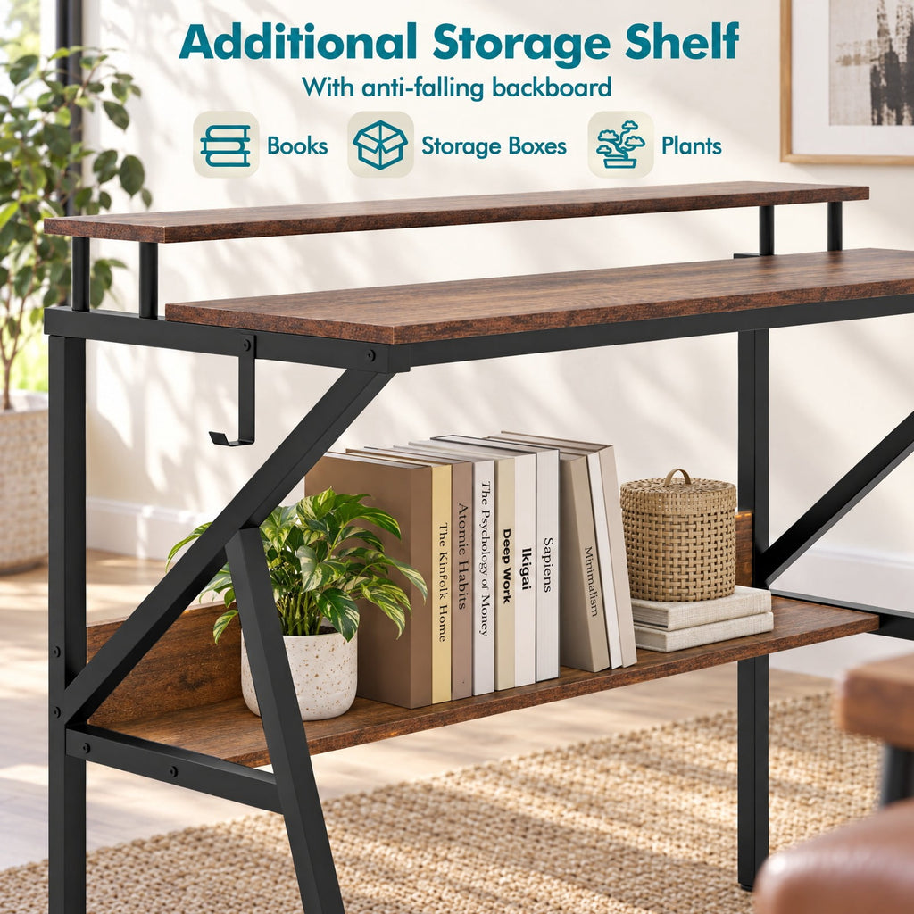 Airfind Space Saving Computer Desk with Monitor Stand and Extra Storage Shelf for Work Study, 200 lbs Capacity, Engineered Wood Metal Frame, Brown
