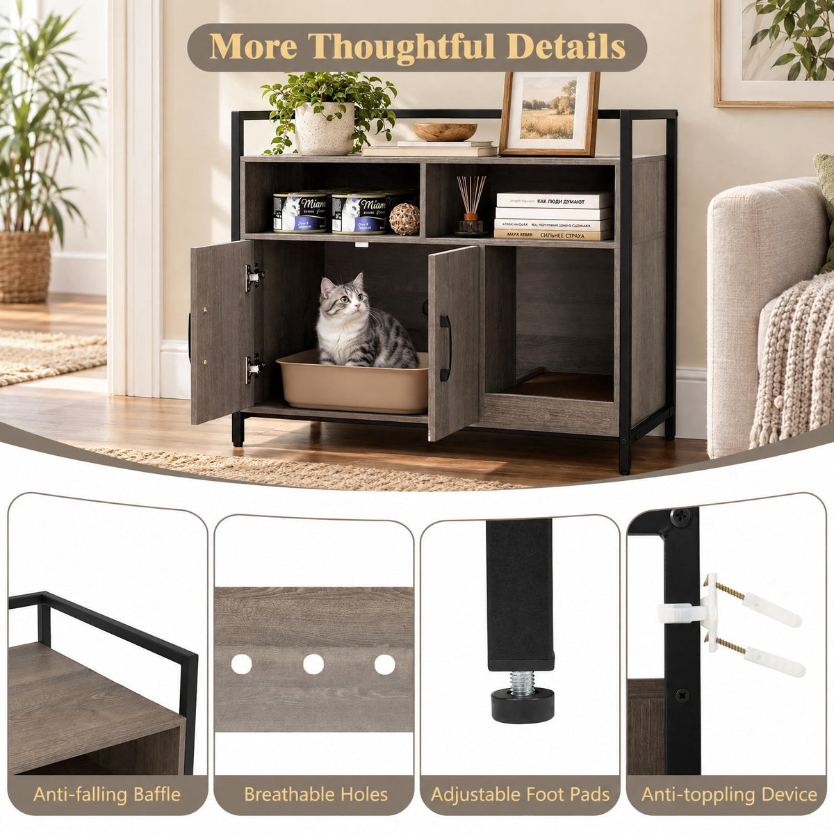 Airfind Hidden Cat Washroom with Double Doors and Scratch Cardboard, MDF Metal Frame, 35 x 17.5 x 29.5 Compartment Footprint, Oak