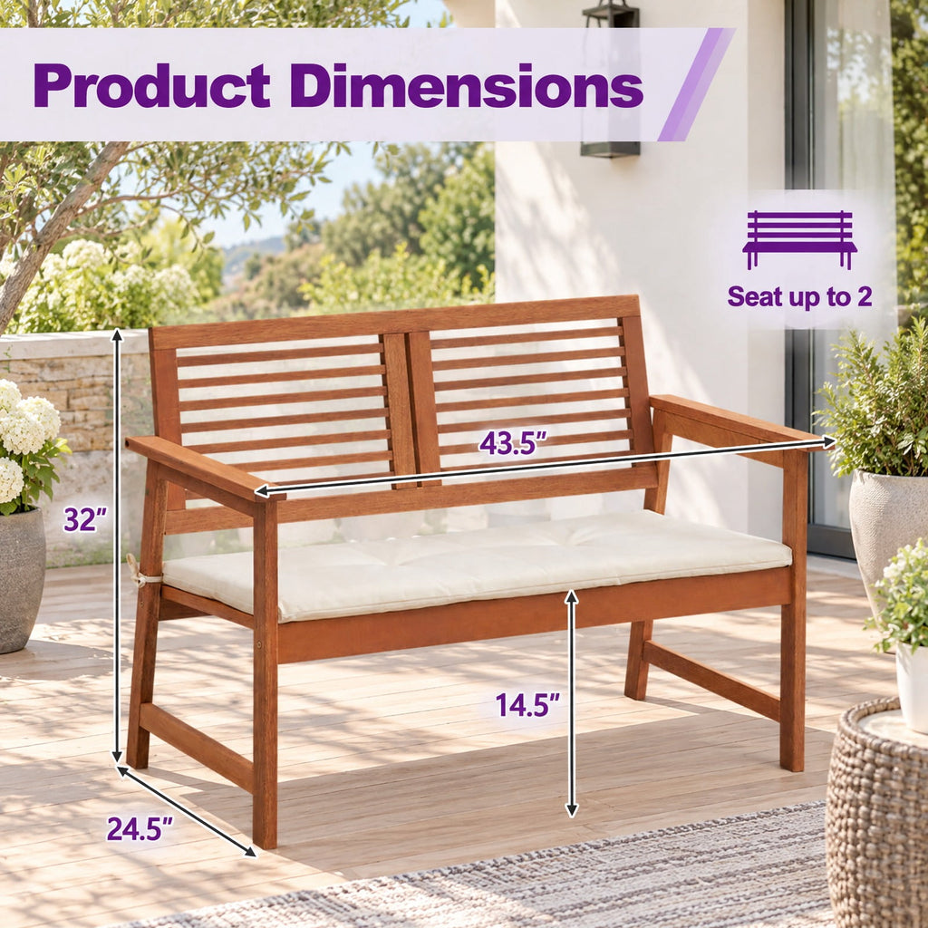 AIRFIND Outdoor Bench for 2 with Solid Wood Frame, Slatted Backrest and Tie-On Seat Cushion, 43.5 inch Patio Loveseat, Natural and Off White