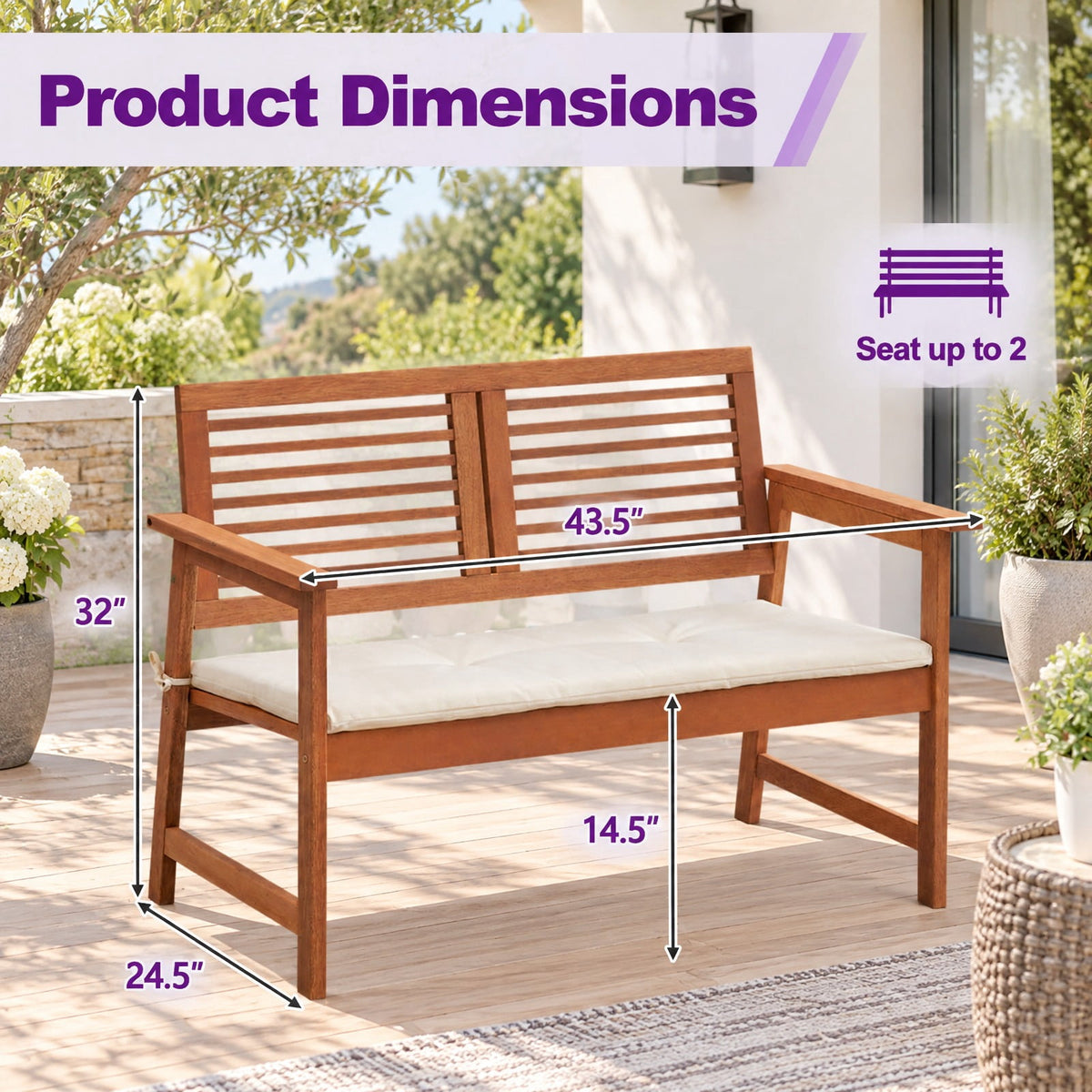 AIRFIND Outdoor Bench for 2 with Solid Wood Frame, Slatted Backrest and Tie-On Seat Cushion, 43.5 inch Patio Loveseat, Natural and Off White