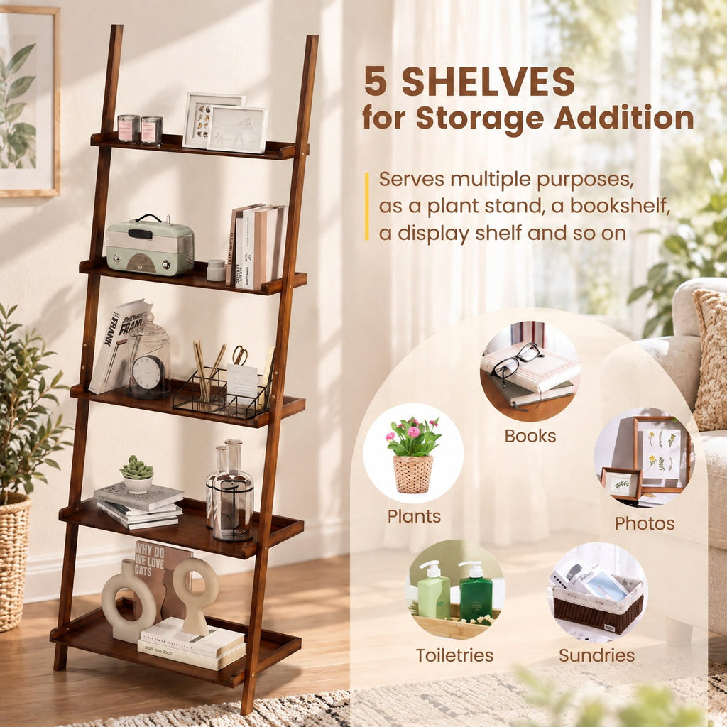 Airfind 5-Tier Ladder Shelf Bamboo Bookshelf Wall-Leaning Storage Display Plant Stand, Bamboo Frame, Walnut