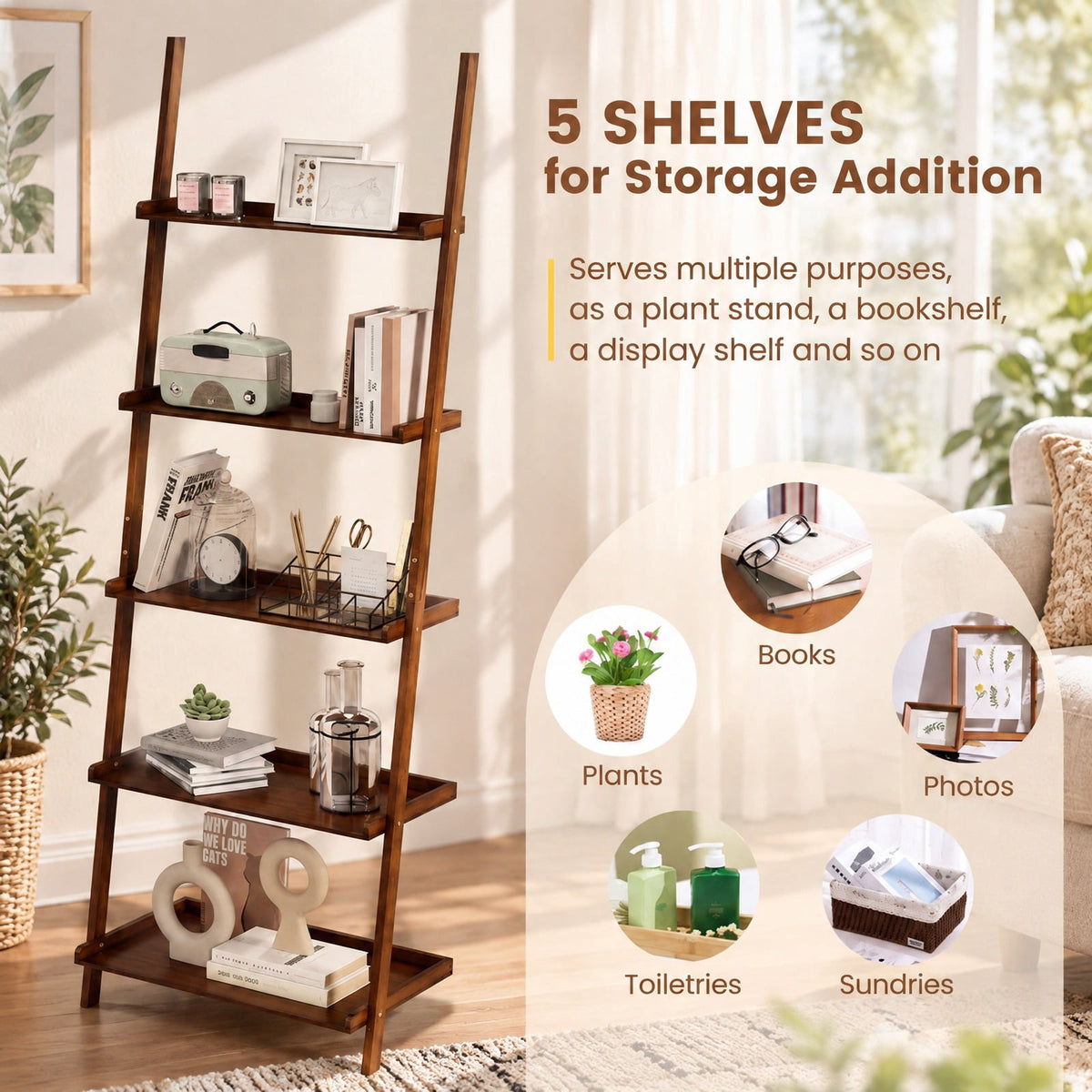 Airfind 5-Tier Ladder Shelf Bamboo Bookshelf Wall-Leaning Storage Display Plant Stand, Bamboo Frame, Walnut