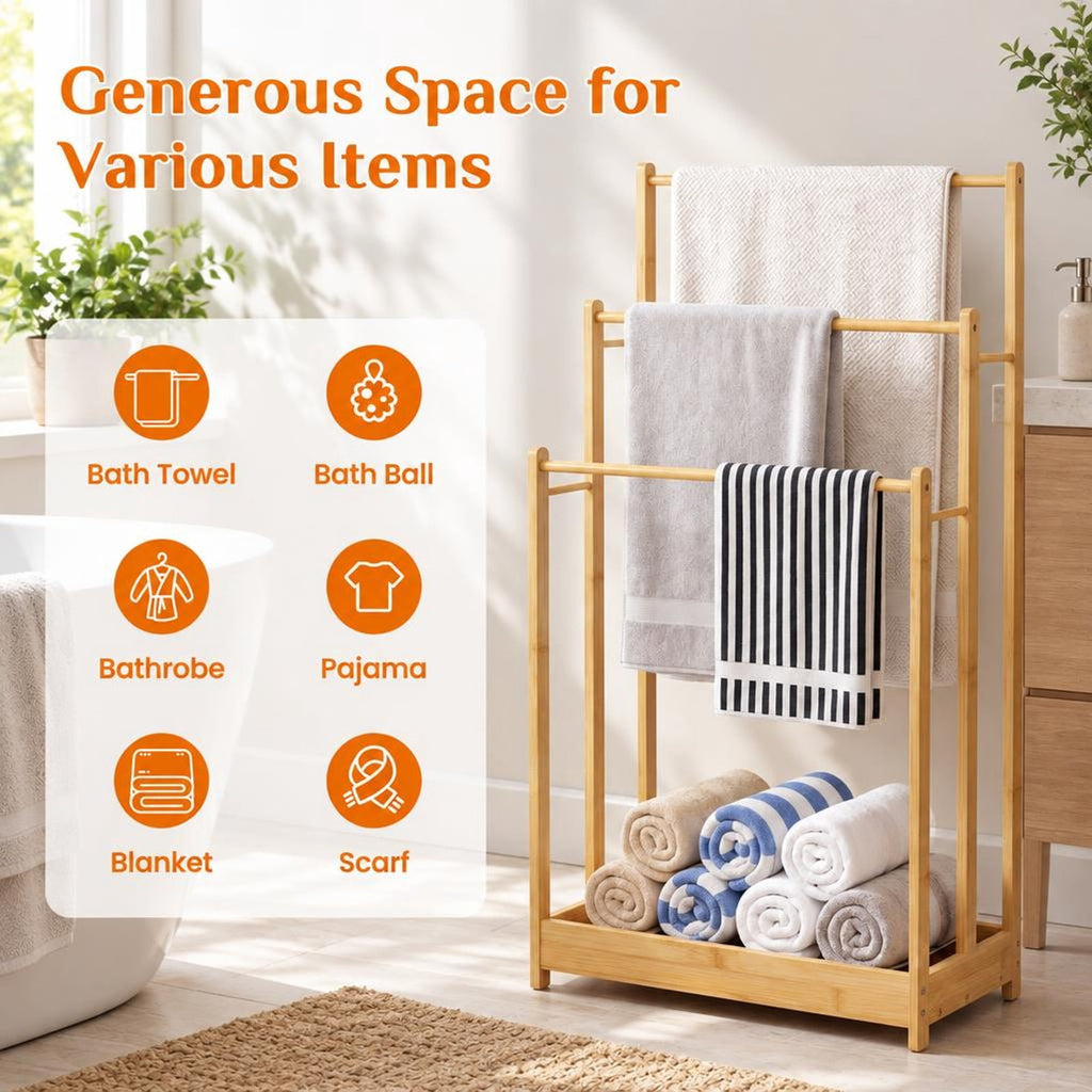 AIRFIND Bamboo Towel Rack, 3 Tier Freestanding Bathroom Organizer with Lower Storage Shelf and 5.5 lb Holding Capacity, Natural