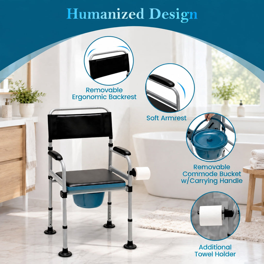 Airfind 4-in-1 Folding Bedside Commode Chair with Detachable Bucket and Towel Holder, 440 lbs Capacity, Carbonized Steel PVC Leather Frame, Silver