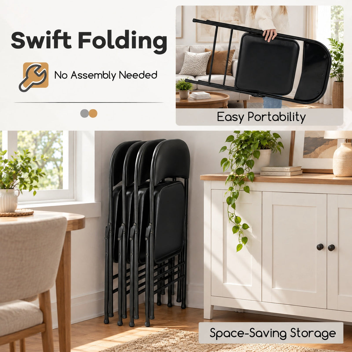 Airfind 4 Pack Folding Chairs with Metal Frame and PVC Leather for Indoor Outdoor, 330 lbs Capacity, Metal PVC Sponge MDF Frame, Black