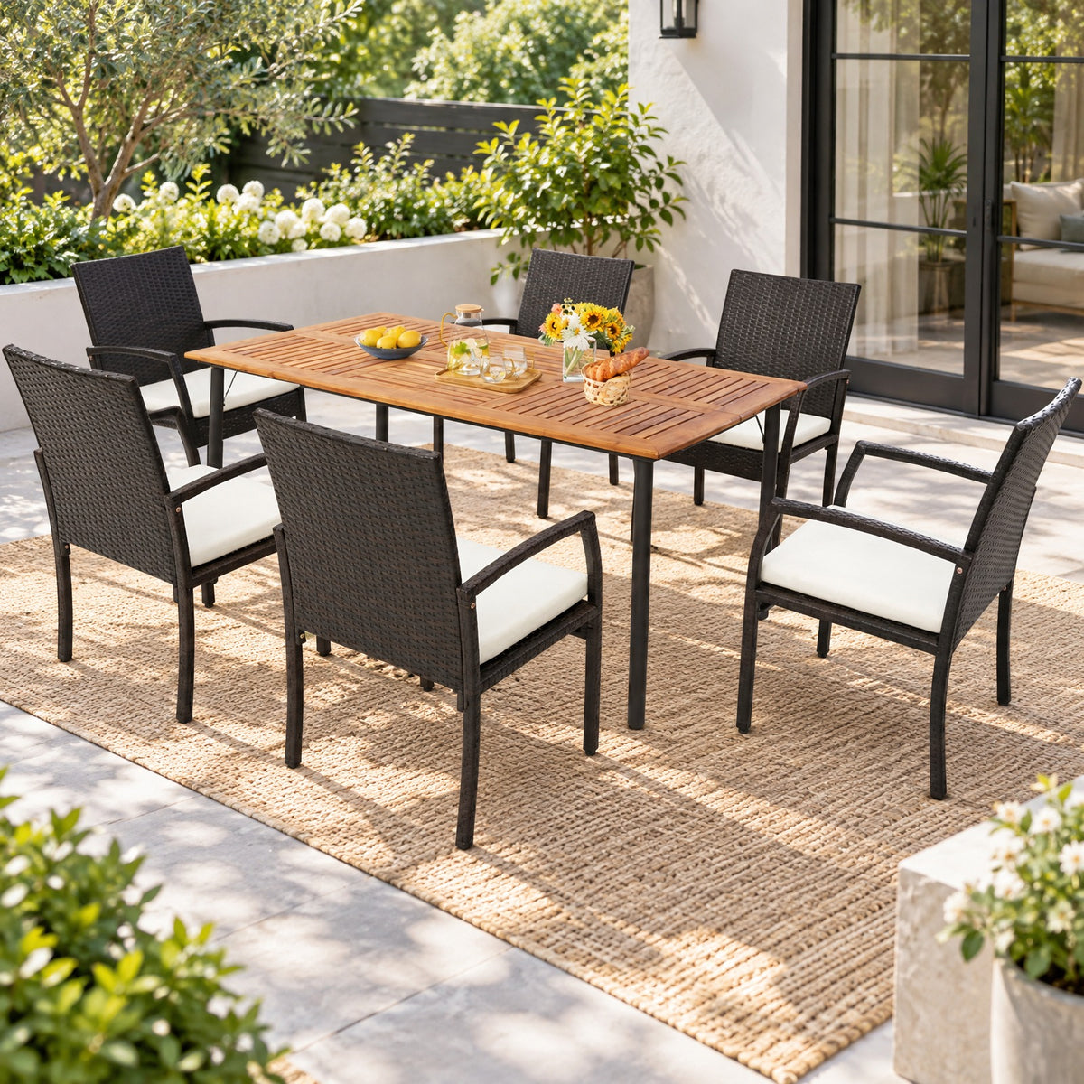 Airfind Patio Acacia Wood Dining Table with Umbrella Hole and Metal Legs, 165 lbs Capacity, Acacia Wood Metal Frame, 63 x 36 x 30 Footprint, Wood
