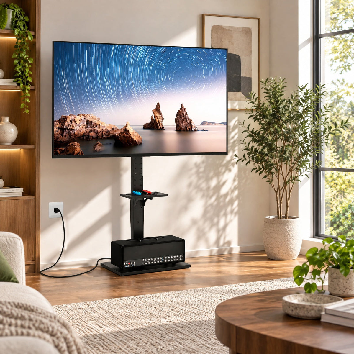 Airfind Tilt and Height Adjustable Floor TV Stand featuring Power Outlet and Adjustable AV Shelf, 110 lbs Capacity, MDF Metal Frame, Black
