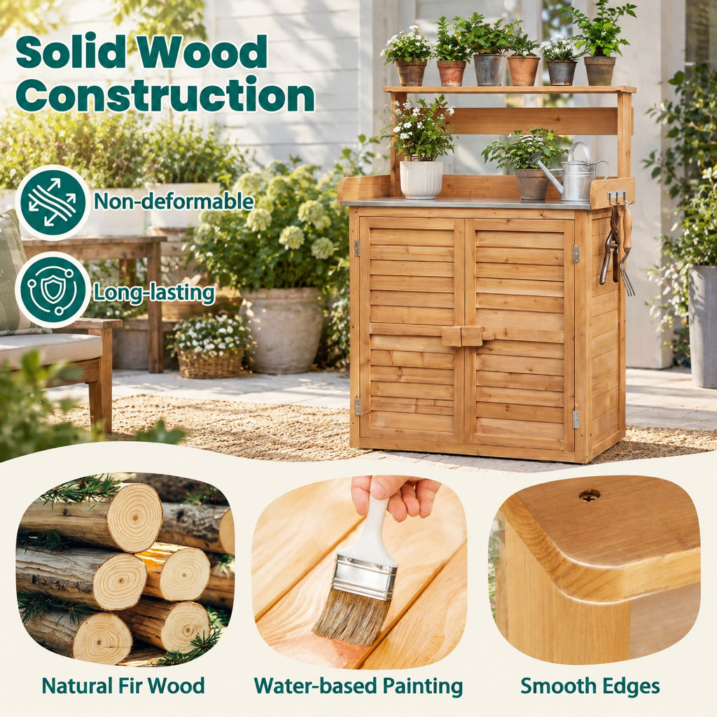 Airfind Wood Plant Workstation with Stainless Steel Tabletop and Removable Shelves, 110 lbs Storage Shelf Capacity, Fir Wood Stainless Steel Frame