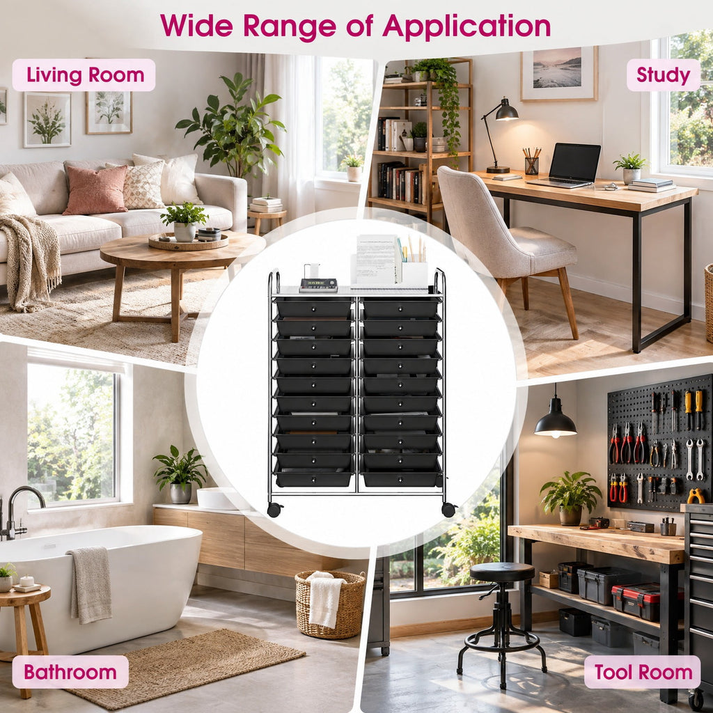 Airfind 20 Drawers Storage Rolling Cart Studio Organizer, Steel Frame, 25 Inch x15 Inch x 34 Inch Footprint, Black