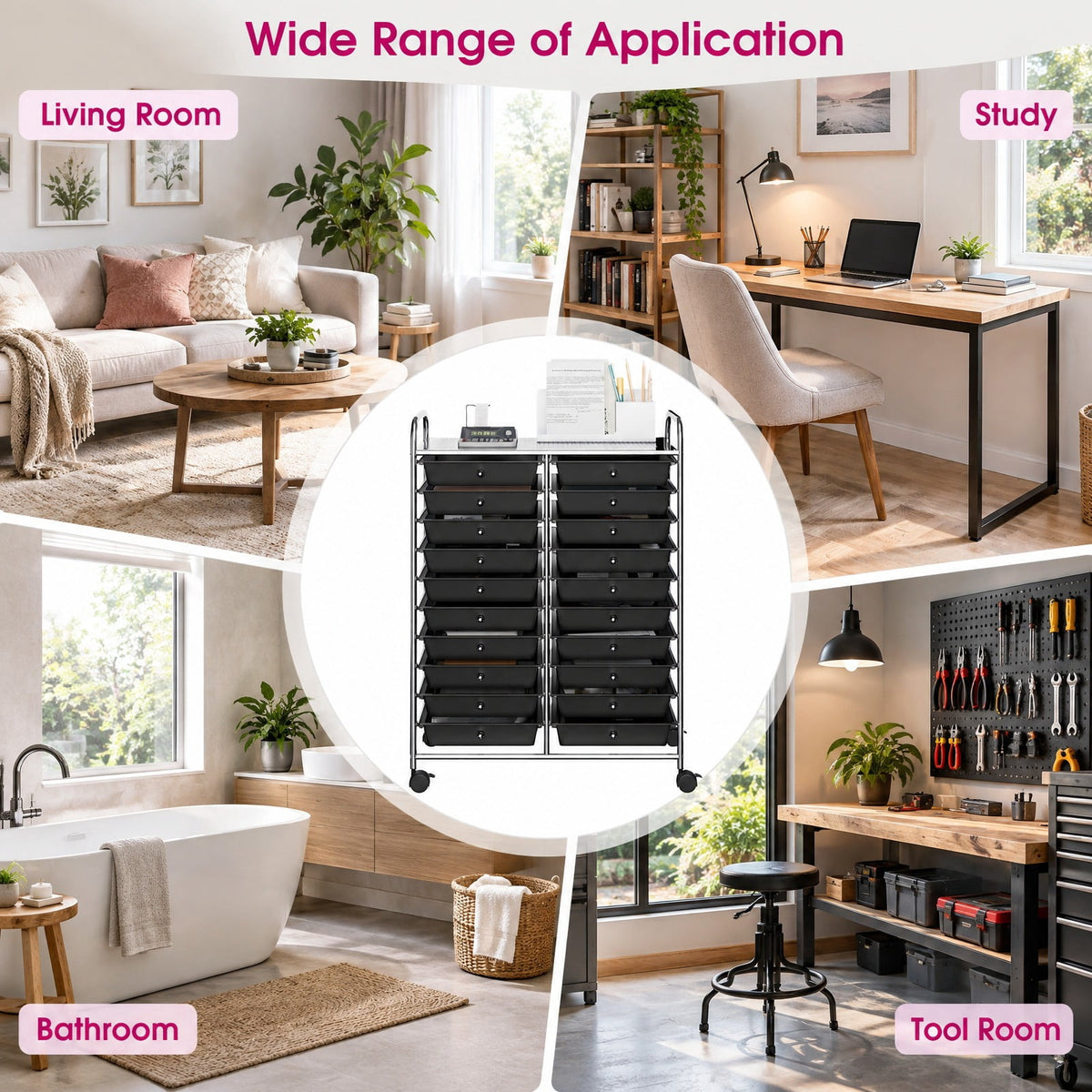 Airfind 20 Drawers Storage Rolling Cart Studio Organizer, Steel Frame, 25 Inch x15 Inch x 34 Inch Footprint, Black