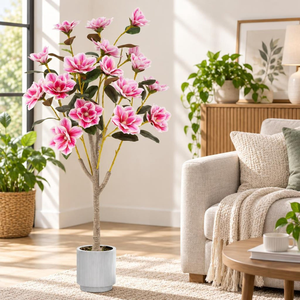 Airfind Faux Wedding Flower Plant with Elegant PEVA Leaves and Multi-branch Trunks, PEVA PE PP Cement Tree Height 51 Inch Flowerpot, Pink